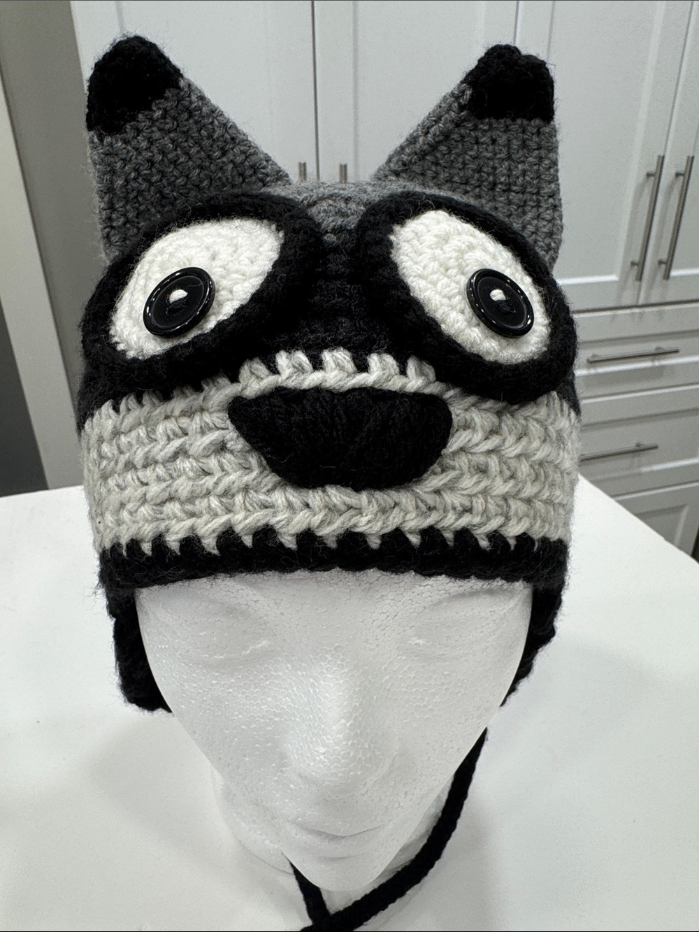 Handmade Crochet Raccoon Earflap Hat for Kids | Grey Black White
